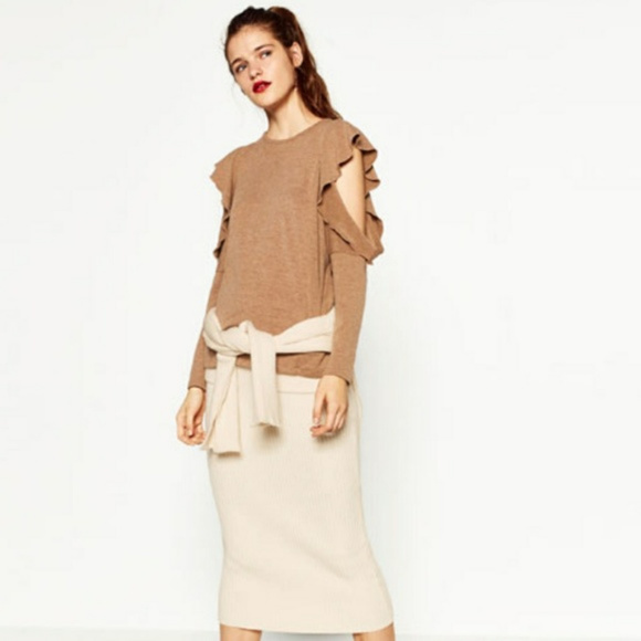 Zara Sweaters - Zara Women's Tan Cold Shoulder Sweater with Ruffle